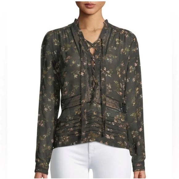 Zimmermann Tops - NWT Zimmermann Silk Floral Lace-Up Blouse Black Sheer Lace Pintuck Top